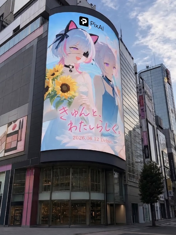 大型ビジョンにキャラクターを掲出した広告ビジュアル