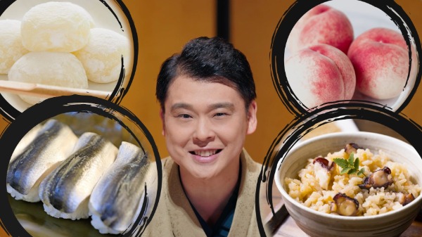 岡山名物のきびだんごや桃 ままかり寿司を紹介する春風亭昇吉さん