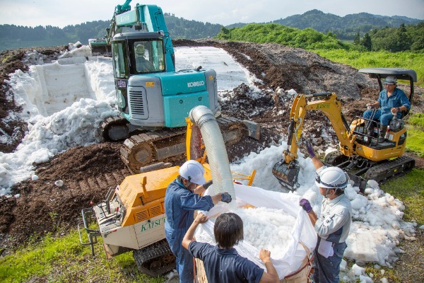 雪室で夏まで貯蔵された天然雪を運び出す様子