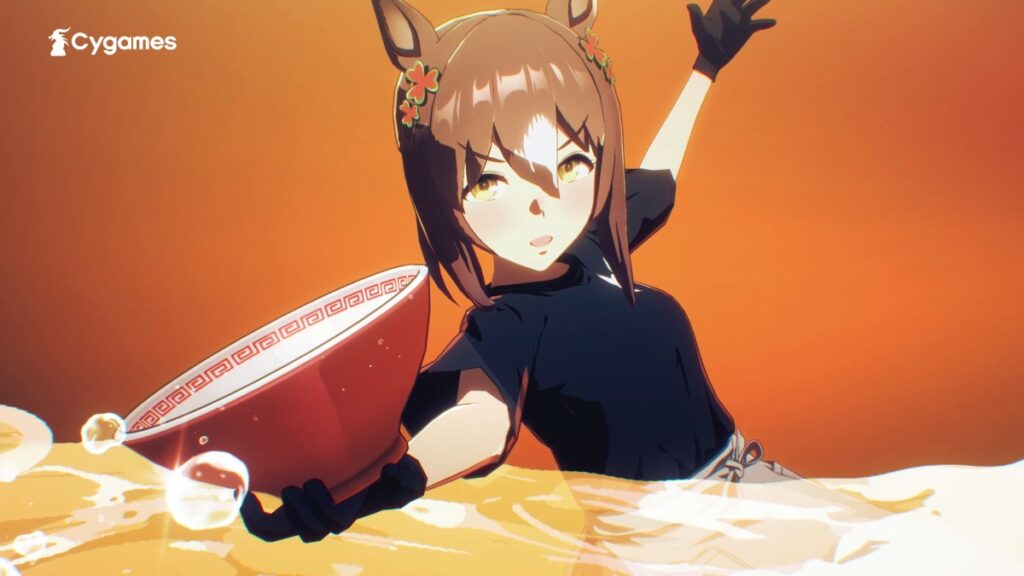 新CM「豊かな味わい」篇でラーメン丼を掲げる『ウマ娘 プリティーダービー』のキャラクター