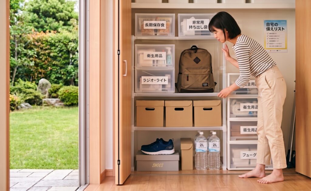 防災の備えとして玄関収納にスニーカーを置くイメージ